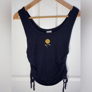 Black Cropped Tank Top with Yellow Sunflower Embroidery